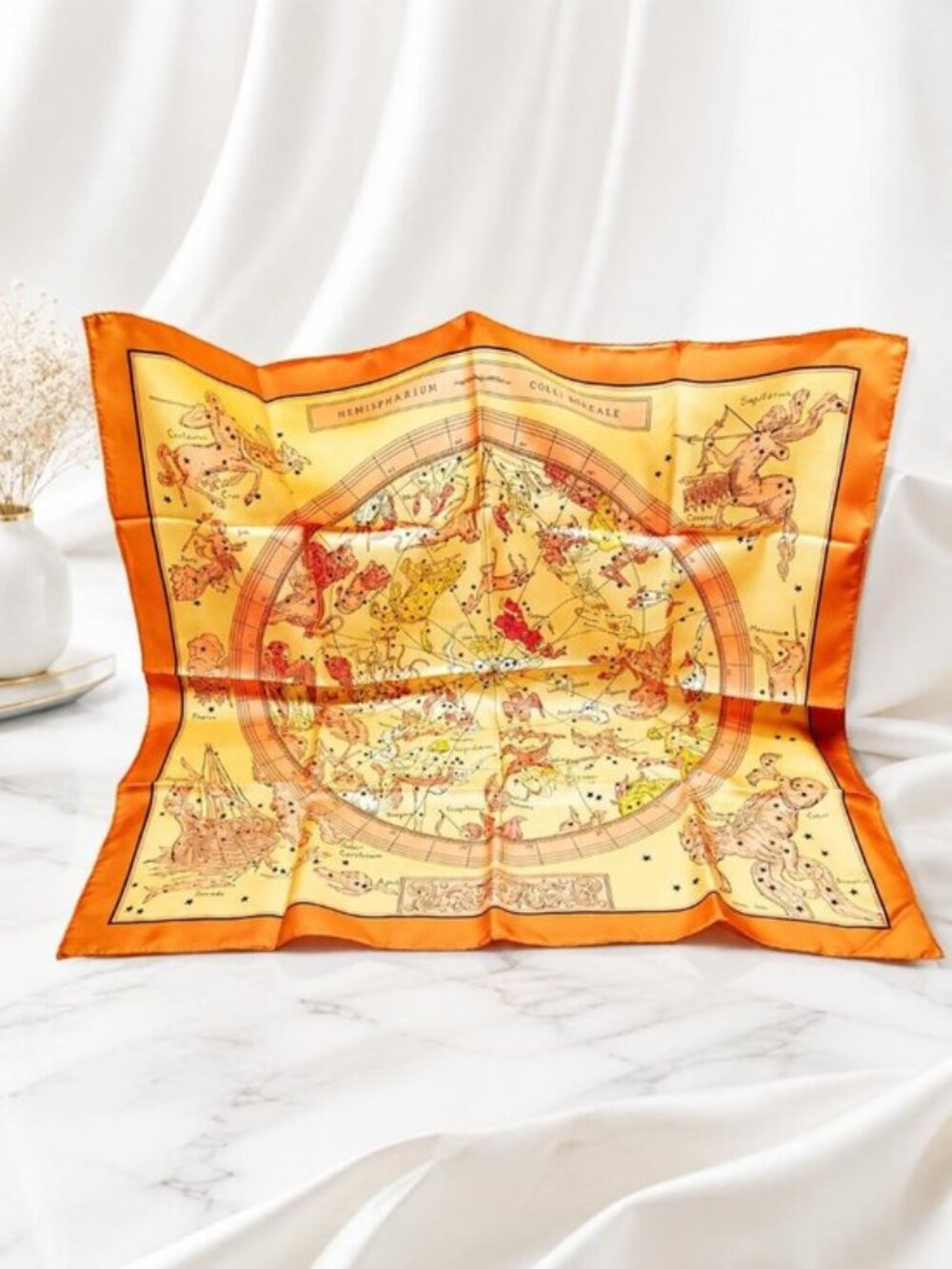 Authentic Hermès Paris Silk Scarf 90 Zodiac Celestial Constellation Orange